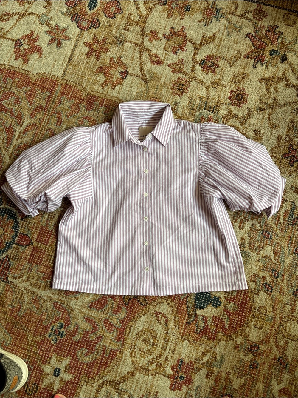 Striped Puff-Sleeve Button-Down Shirt in lilac